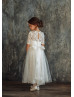 Elbow Sleeve Ivory Lace Tulle Keyhole Back Flower Girl Dress